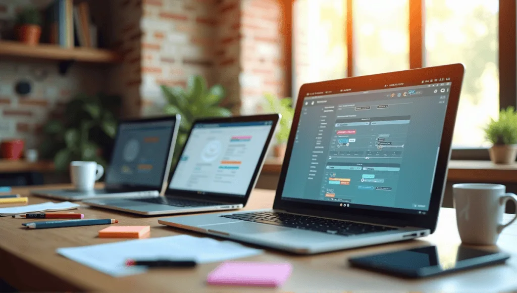 Collection of agile documentation tools on laptops and tablets in a modern workspace.