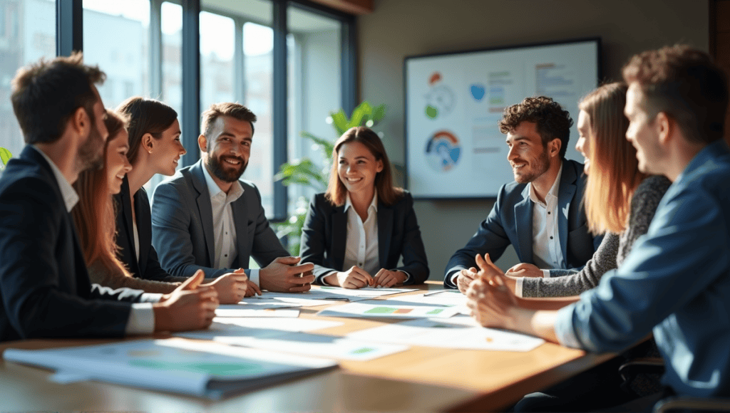 Group of professionals collaborating around a conference table in a modern office setting.