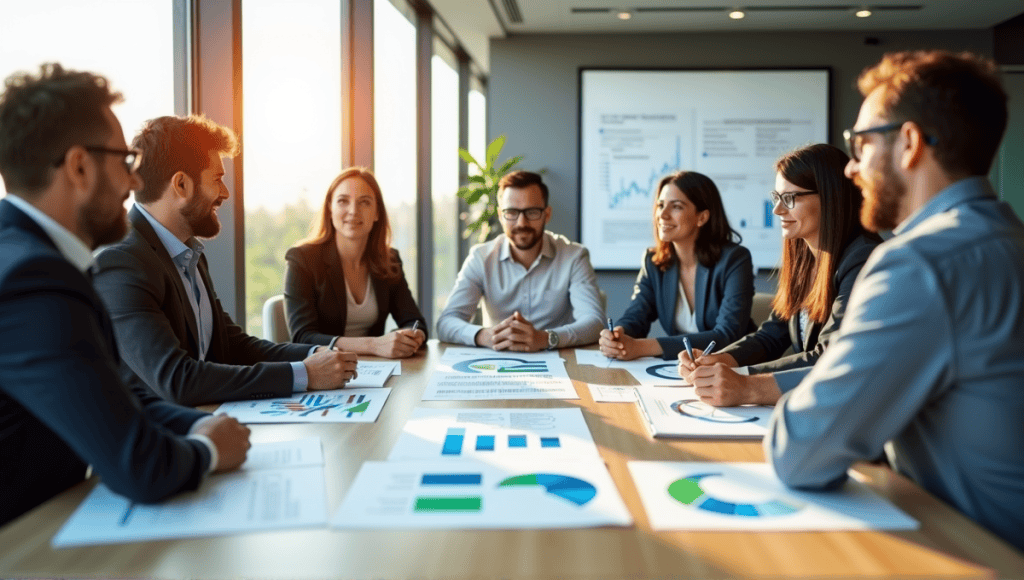 Professionals discussing risk mitigation strategies around a modern conference table with documents and charts.