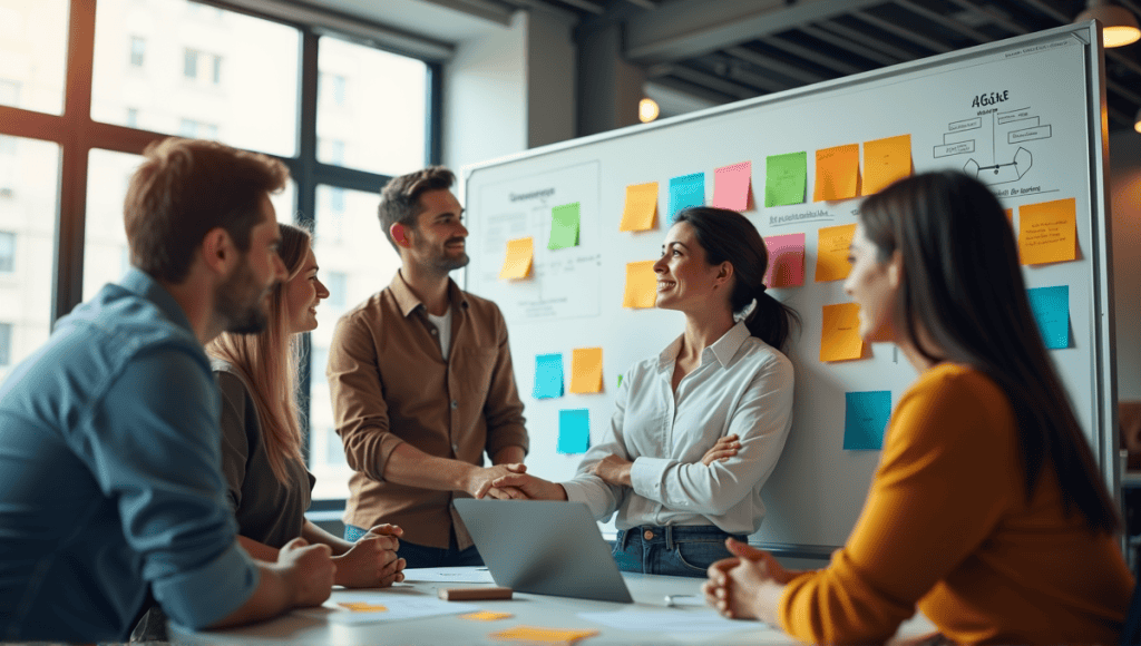 Professionals collaborating around a whiteboard with colorful post-it notes in a modern office.