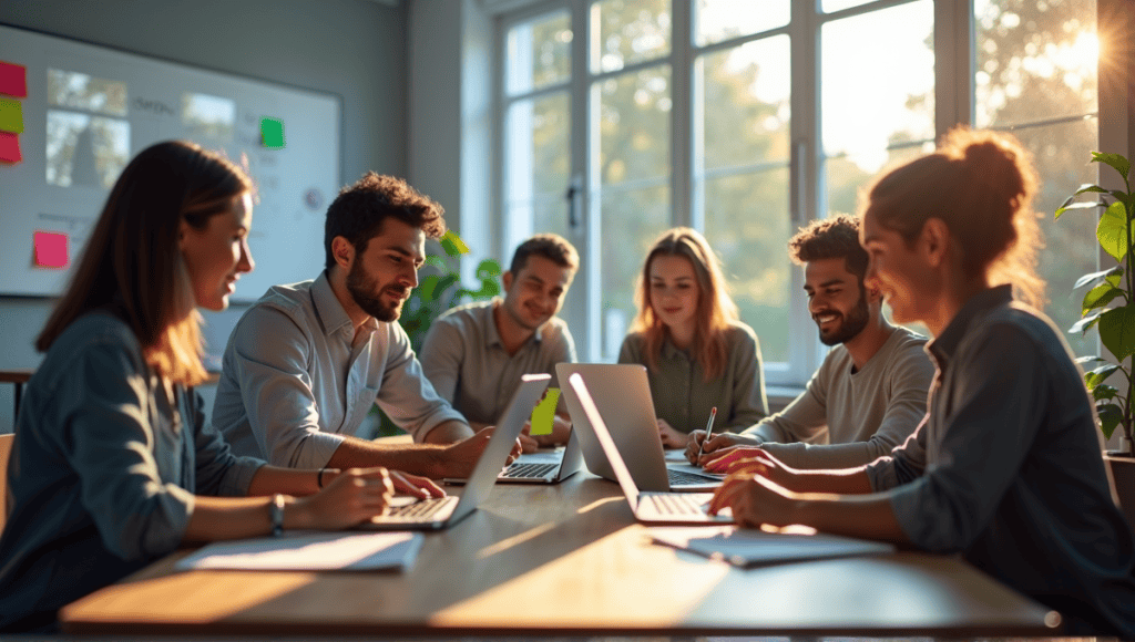 A group of software developers collaborating on coding in a modern office space.