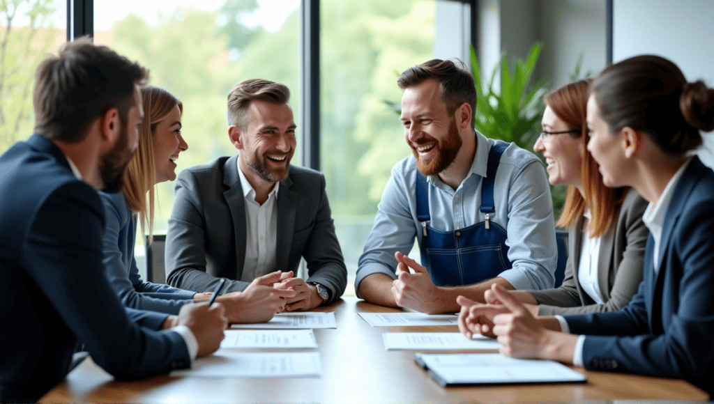 Group of professionals in a conference room discussing projects during a Scrum of Scrums meeting.