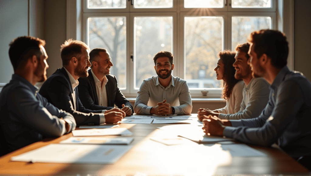 Professionals collaborating in a meeting, sharing ideas around a large wooden table.