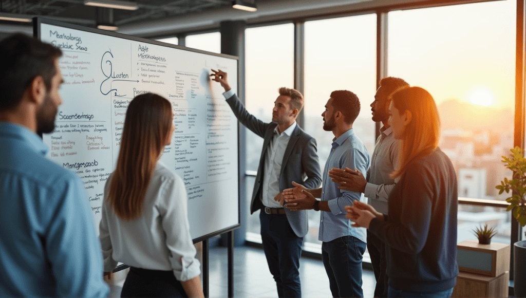 Professionals engaged in a discussion around a whiteboard filled with Agile methodologies.