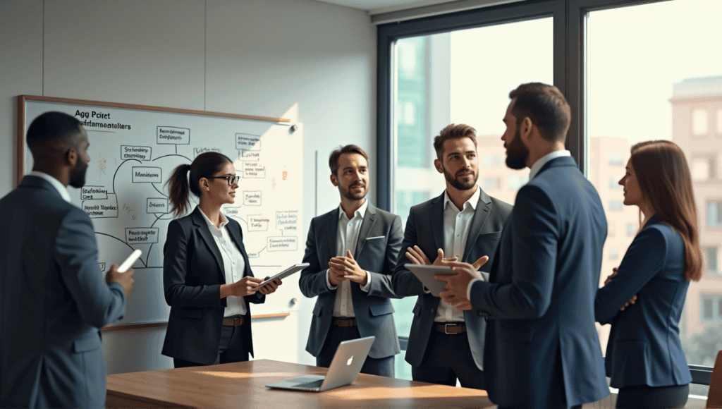 Group of professionals collaborating on Agile project management in a modern office workspace.