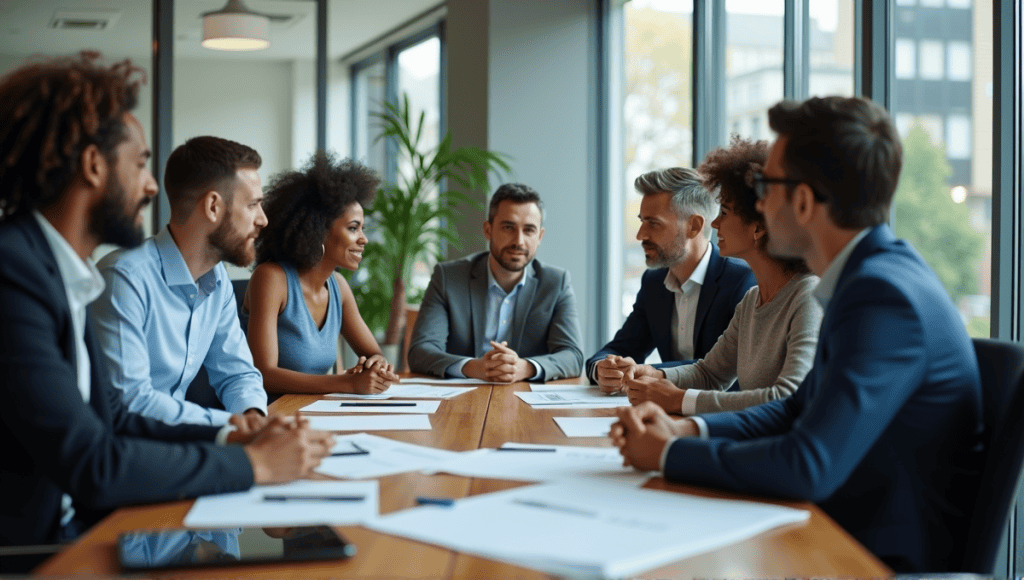 Group of professionals discussing challenges around a conference table in a modern office.