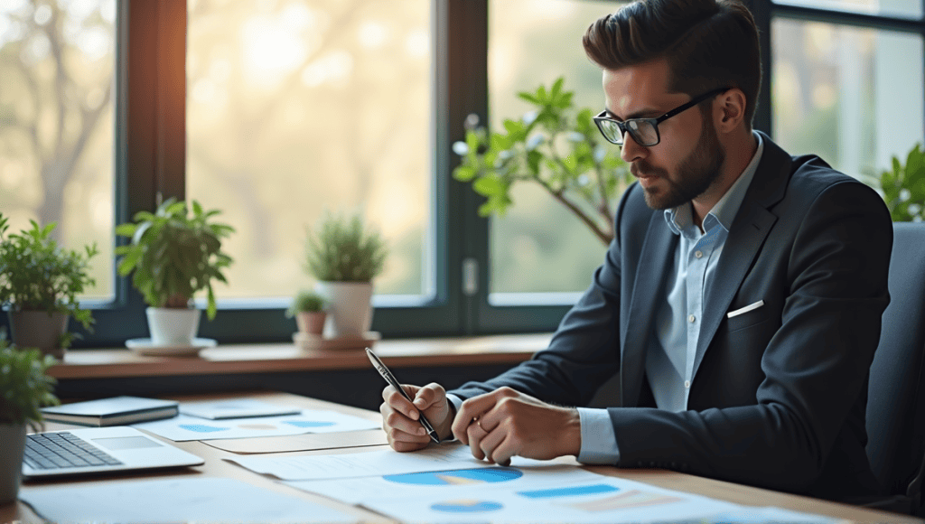 Thoughtful person in smart casual attire reviewing Agile frameworks at a modern desk.