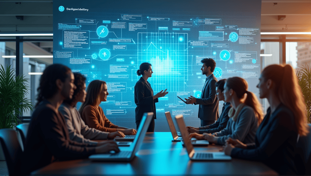 Engineers collaborating around a digital screen showcasing graphs and code in a modern workspace.