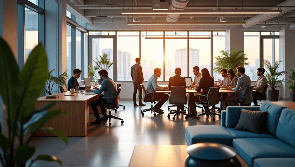 Modern office with professionals collaborating in an open-plan Agile workspace, featuring natural light and plants.