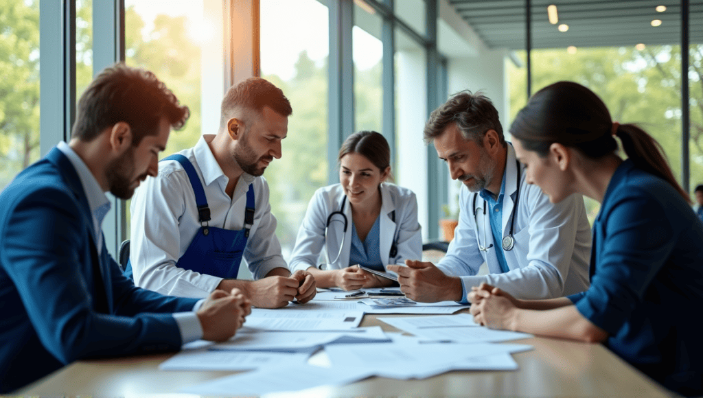 Professionals from various fields collaborating in a modern office setting around a table.