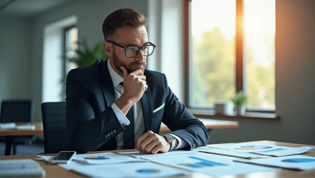 Thoughtful analyst in a tailored suit reviewing risk management documents in a modern office.