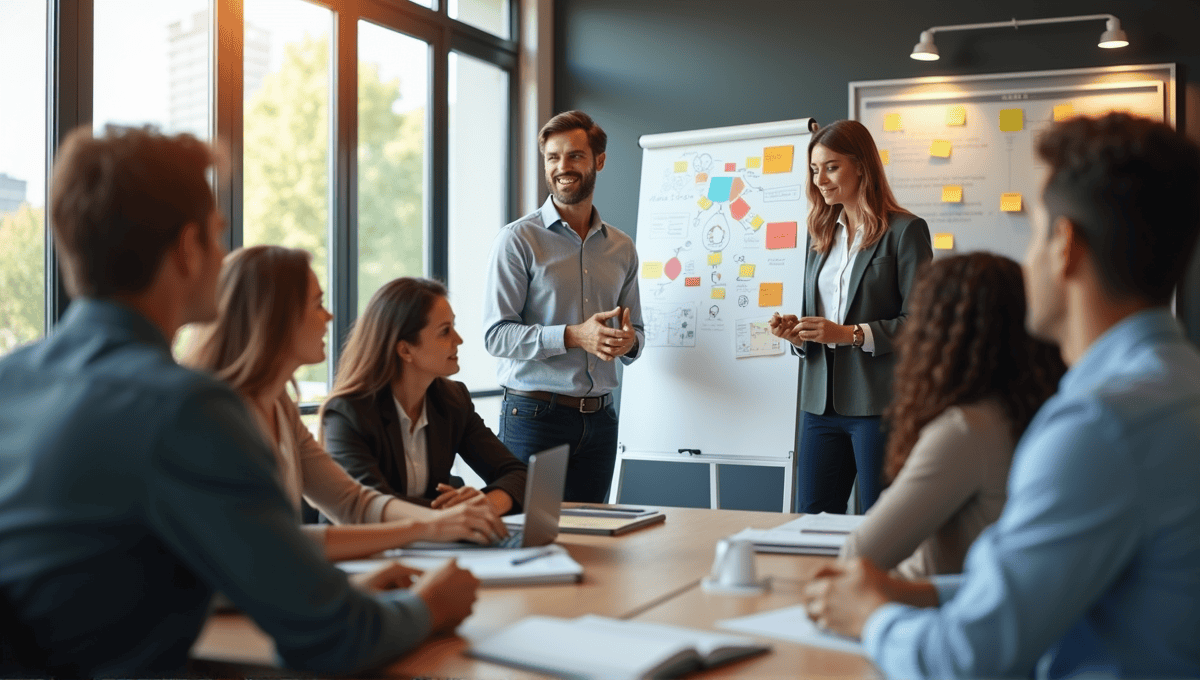 Team of professionals brainstorming around a whiteboard filled with colorful notes and diagrams.