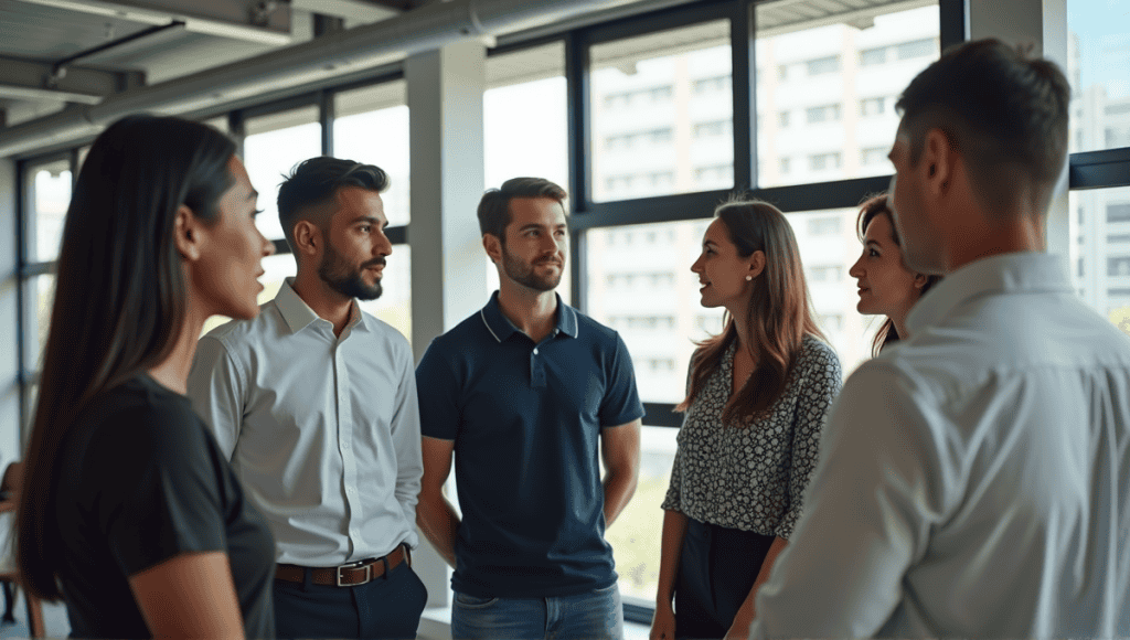 Agile team members engaged in a stand-up meeting in a modern office space.