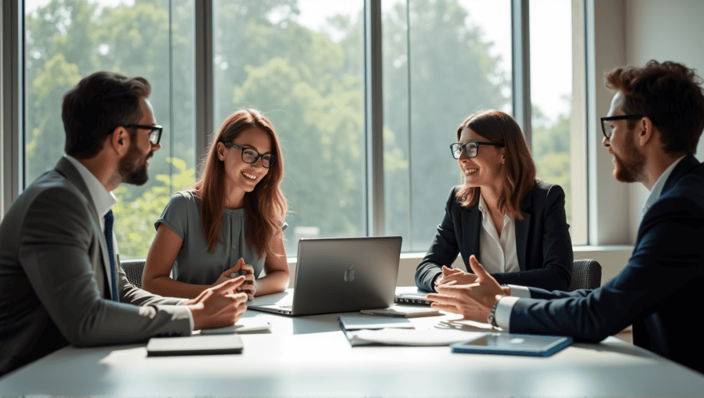 A group of professionals discussing Agile certifications around a conference table with laptops.