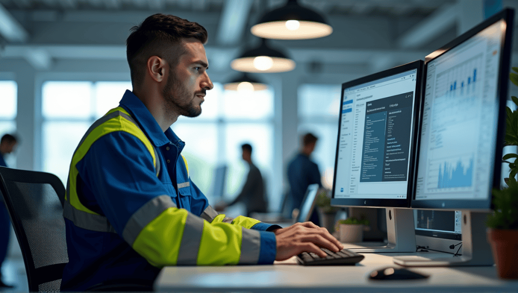 Engineer in blue overalls and jacket focused on Agile project management tools at computer.