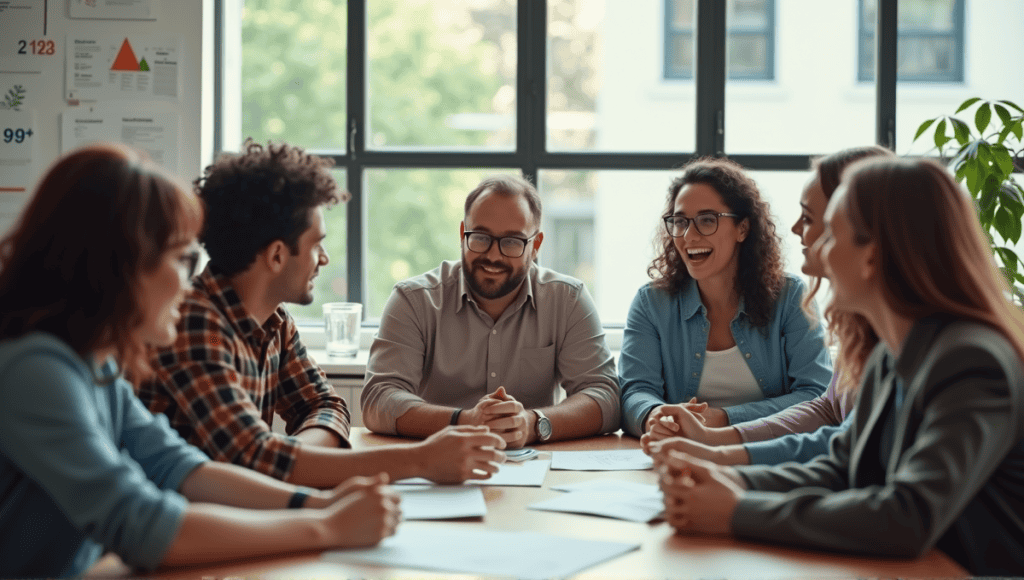 Agile team collaborating in a bright workspace, showcasing engagement and teamwork dynamics.