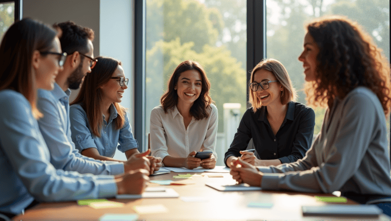 Professionals collaborating around a table in a modern office, surrounded by sticky notes.