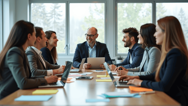 Group of professionals in smart casual attire collaborating around a modern conference table.