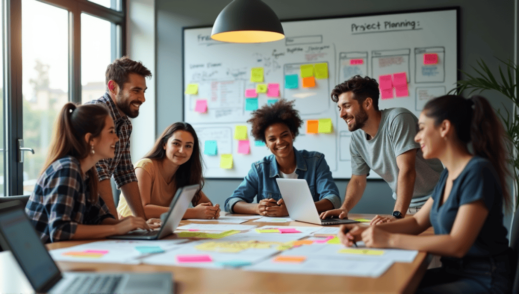 Group of professionals brainstorming at a table with sticky notes and laptops in an office.