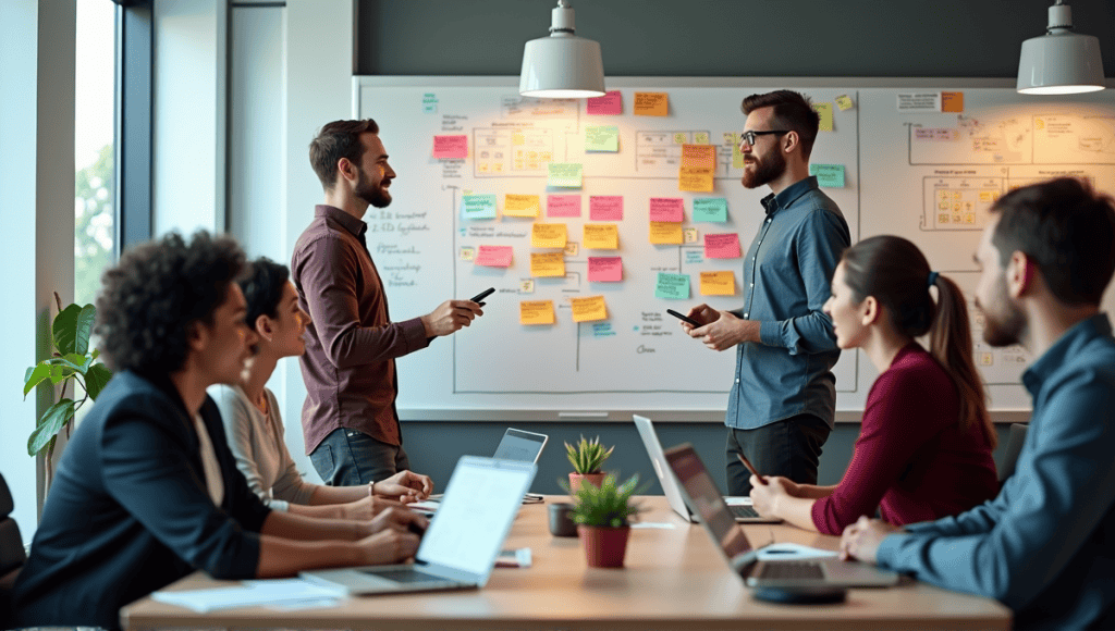 Team collaborating around a whiteboard filled with colorful task cards in a modern office.