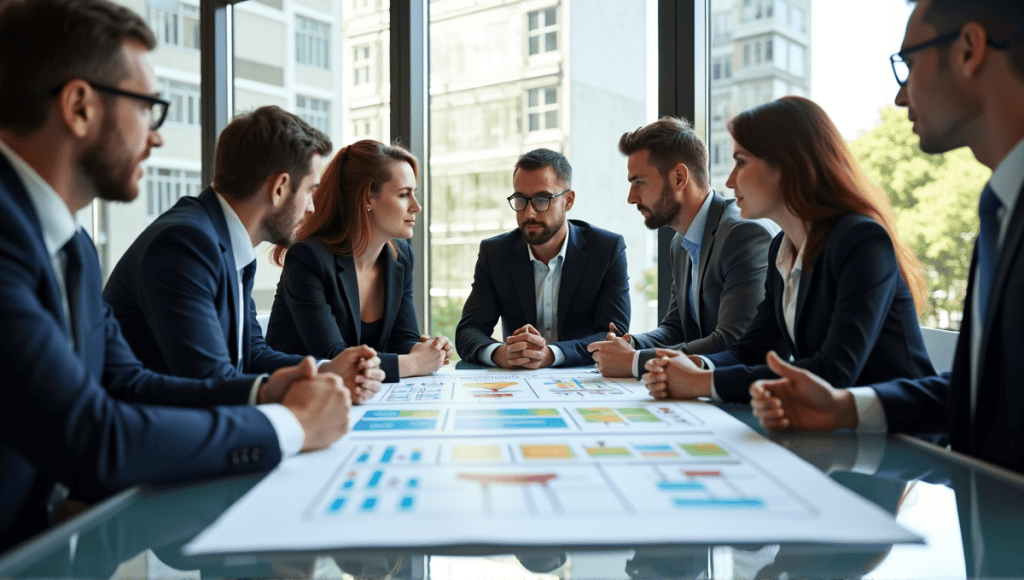 Group of professionals discussing a risk probability impact matrix in a modern office.