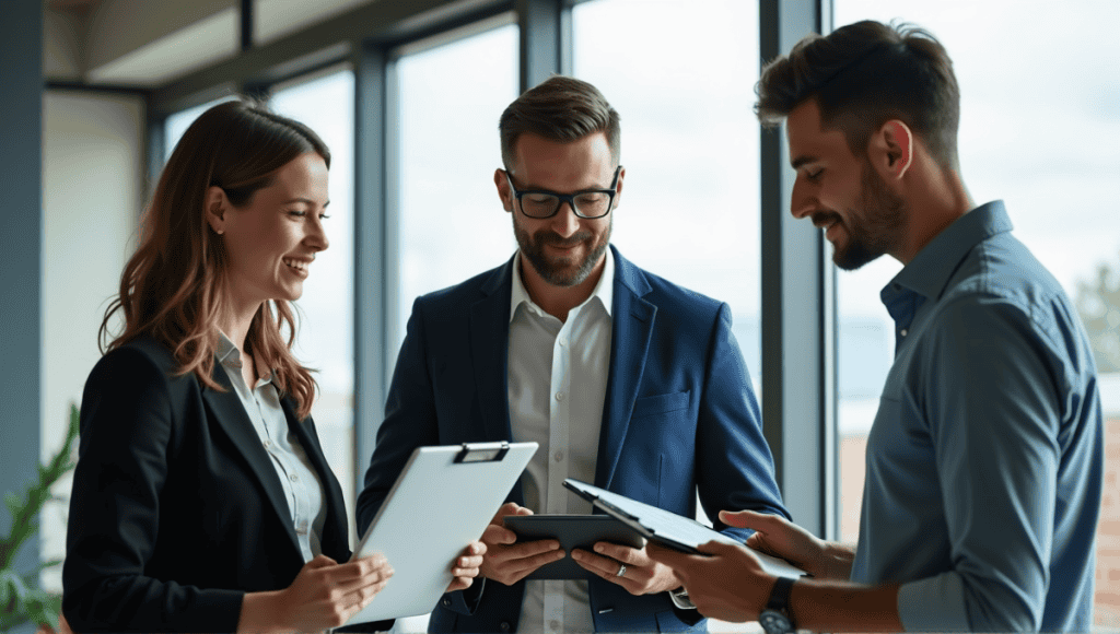 Three professionals collaborating in a modern office, representing Scrum roles effectively.