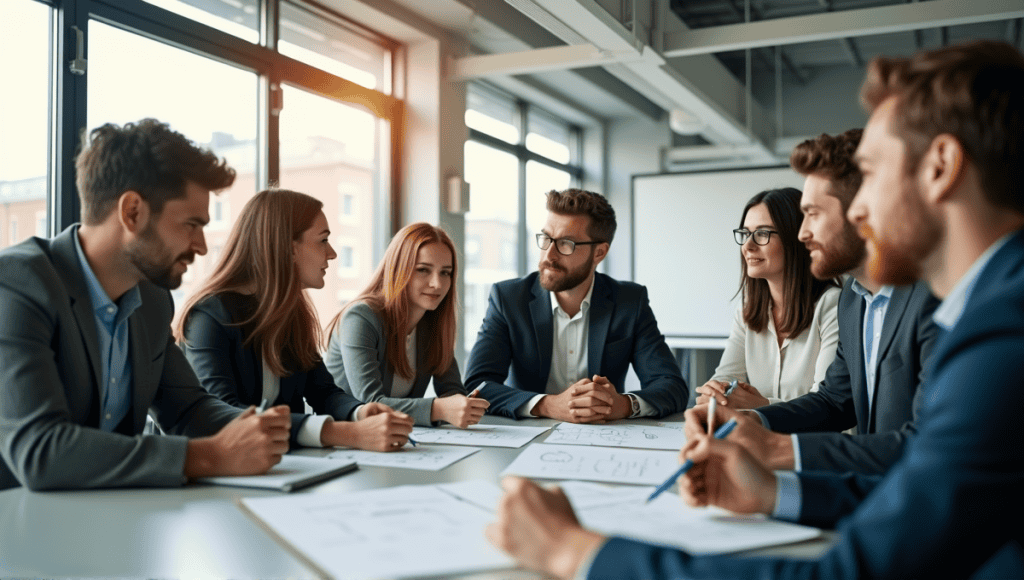 Group of professionals collaborating in a scrum meeting around a conference table.