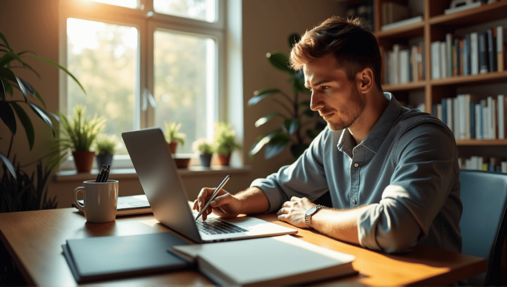 Focused individual studying for Agile certifications in a cozy home office environment.