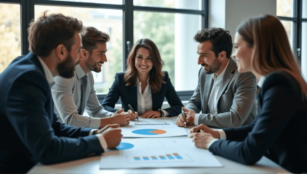 Professionals collaborating on Sprint Goal Success Rate, surrounded by charts and digital devices.