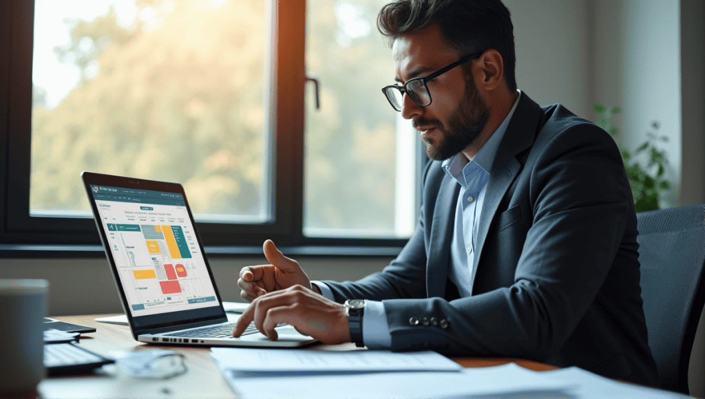 Focused professional analyzing risk probability impact matrix on a laptop in an office.