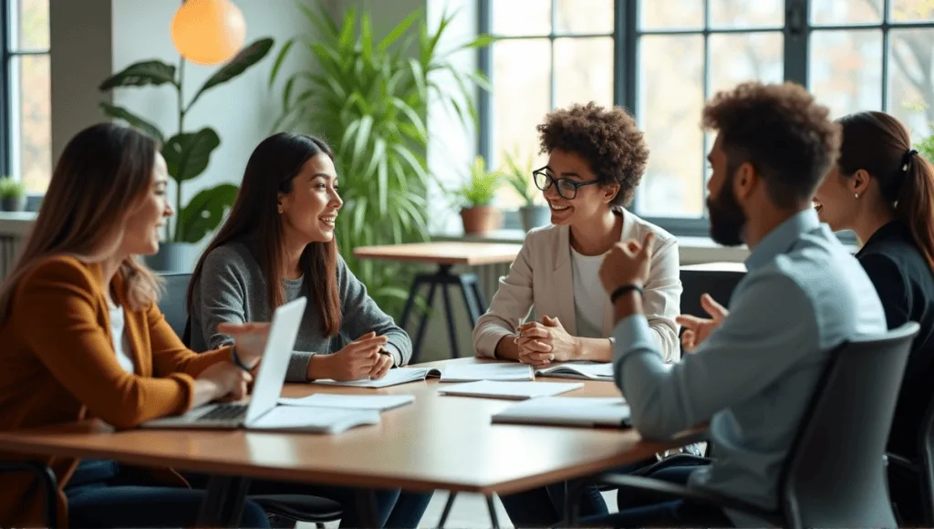 Group of professionals collaborating in a modern workspace during a training session.