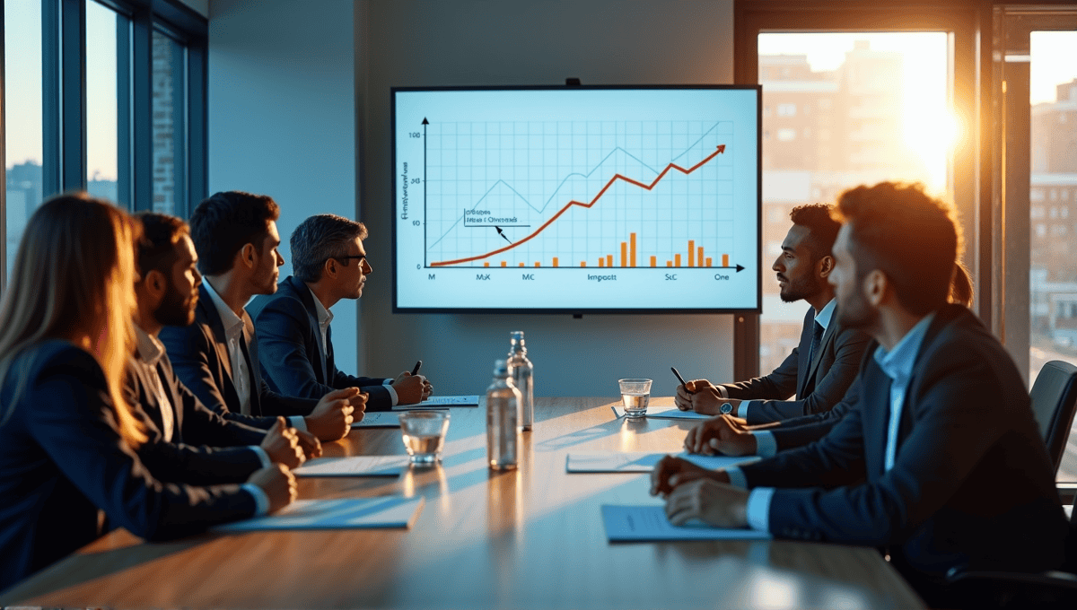 Team of professionals analyzing a risk matrix in a modern conference room.