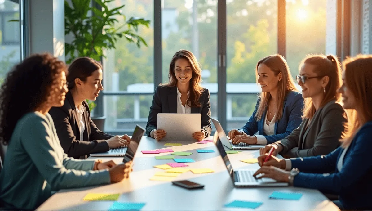 Group of professionals collaborating at a conference table with laptops and sticky notes.