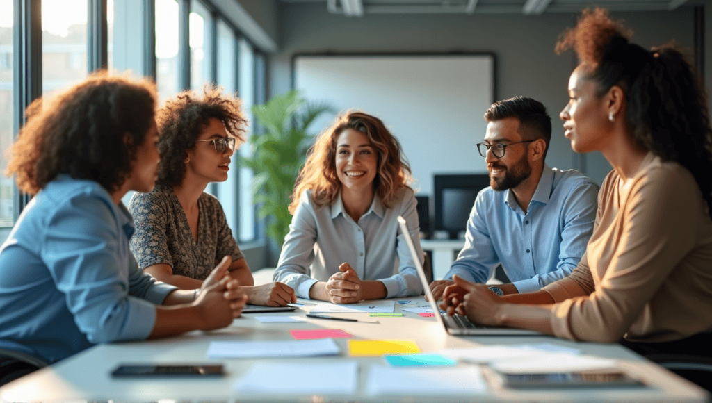 Professionals in smart casual attire engaging in collaborative discussion around a modern office table.