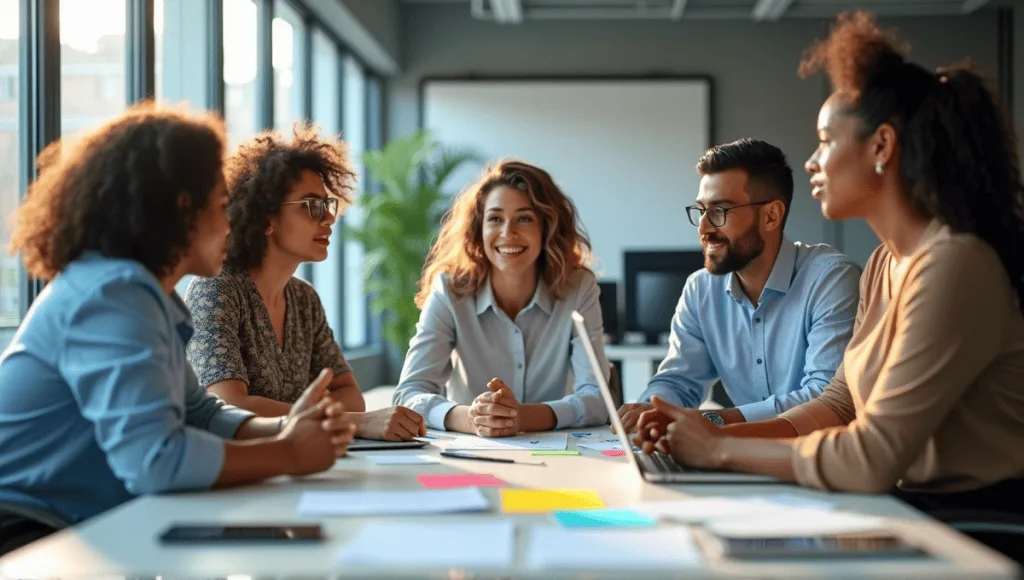 Professionals in smart casual attire engaging in collaborative discussion around a modern office table.