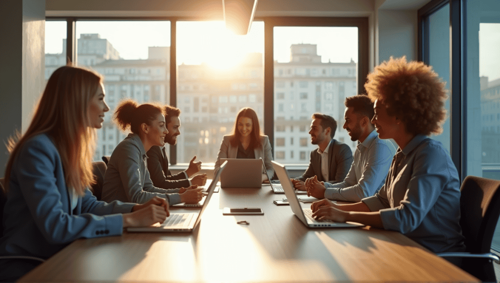 Professionals collaborating in a meeting around a modern conference table with laptops and notepads.