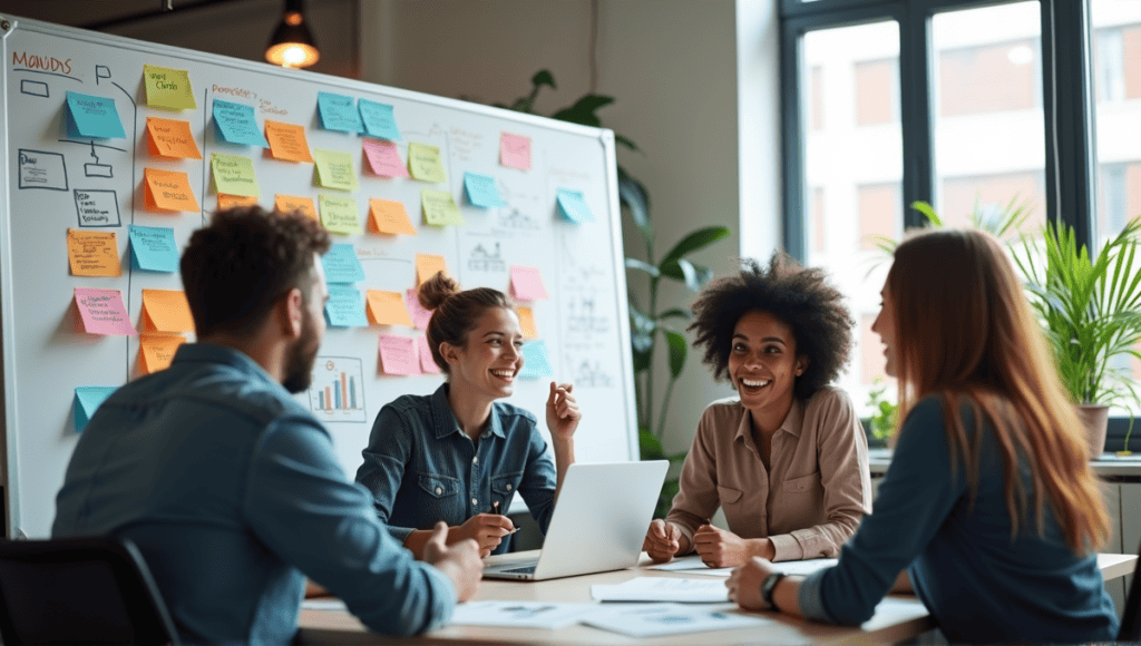 Team discussing ideas around a whiteboard filled with colorful sticky notes in an office.