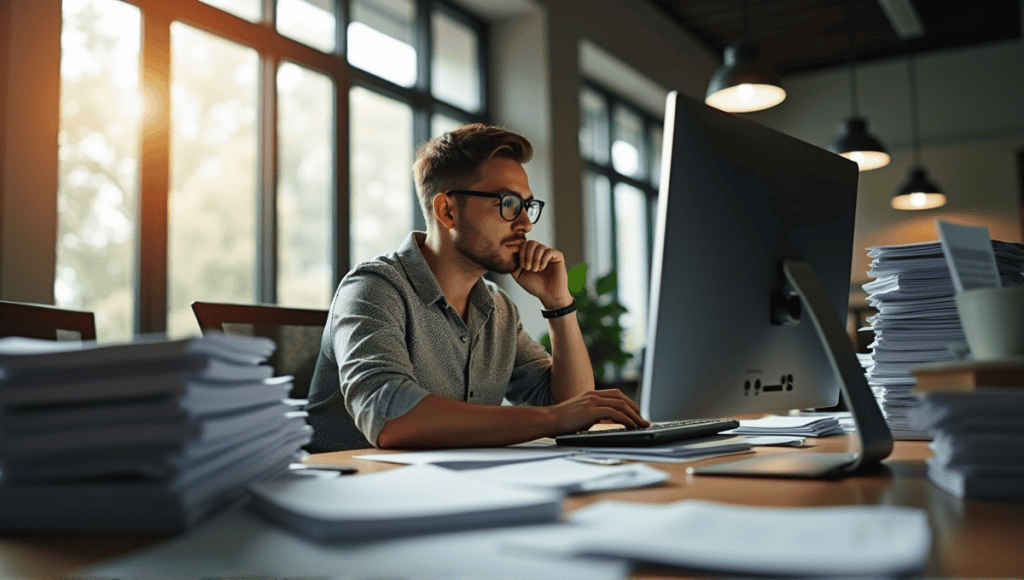 Software engineer focused on computer, analyzing legacy code printouts in a modern office.