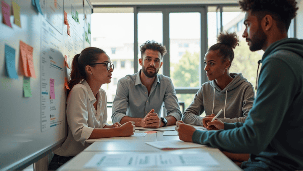 Team of professionals collaborating in a Scrum project management meeting at a modern office.