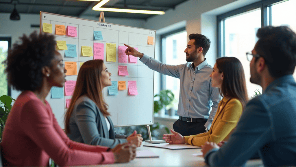 Professional team in a sprint planning meeting, discussing a colorful planning board with sticky notes.