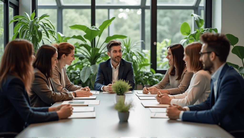 Professionals collaborating around a table in a modern office, showcasing teamwork and decision-making.