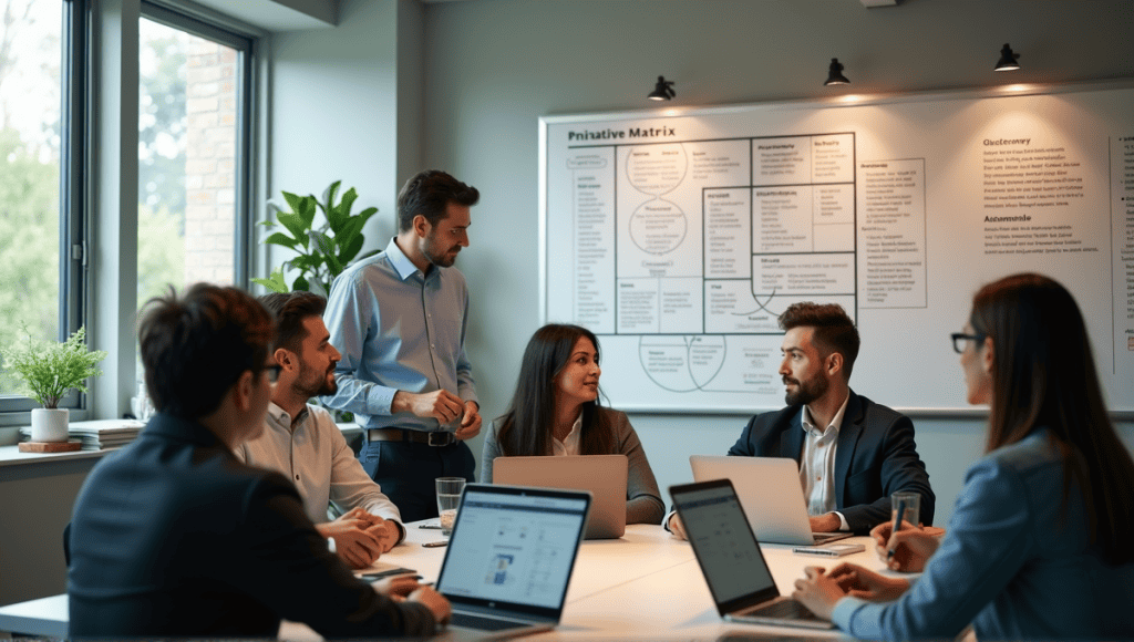 Organized workspace with professionals discussing task prioritization methods on whiteboards.