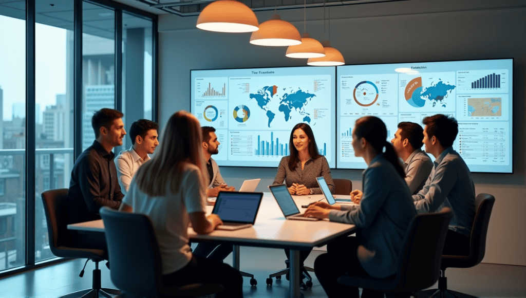 Group of professionals collaborating in a modern office, analyzing data on large screens.