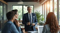 Confident middle-aged man in navy suit leading a collaborative team in modern office.