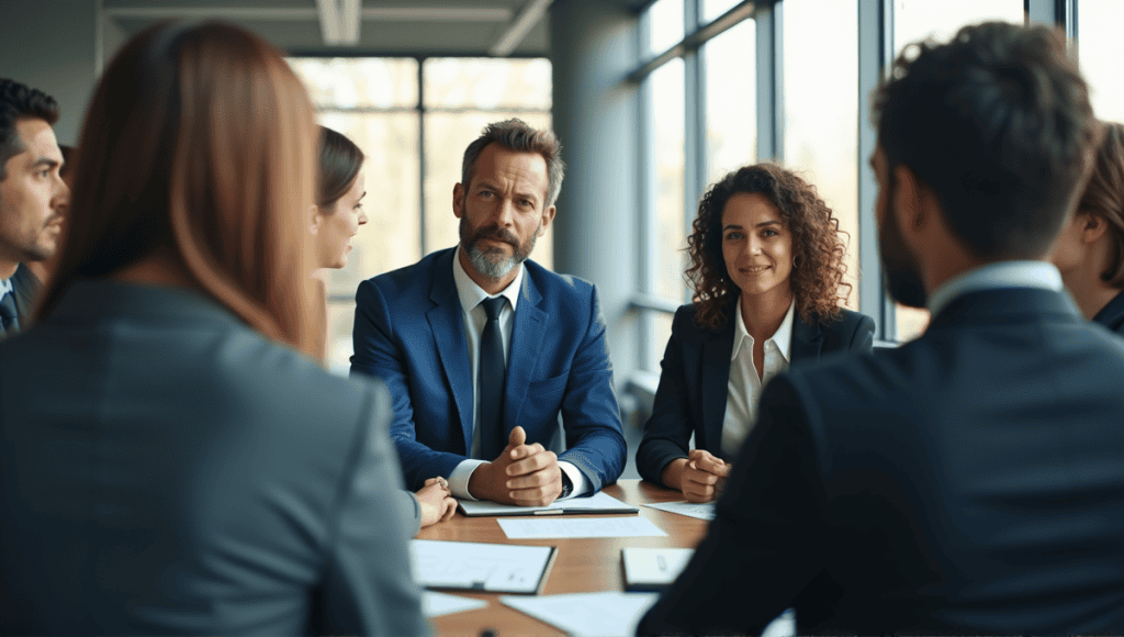 Group of professionals in business attire discussing organizational change in a modern office.