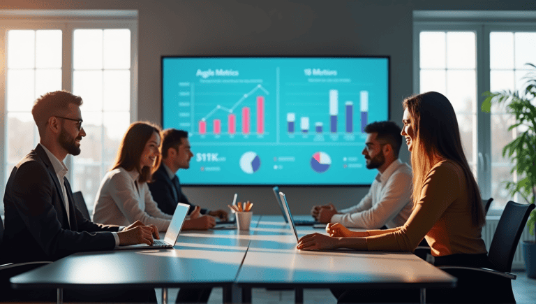 Professionals collaborating in a Scrum meeting around a conference table with agile metrics displayed.