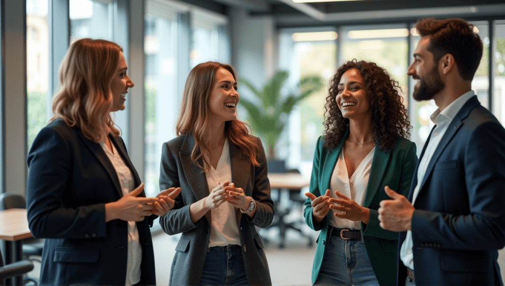 A group of professionals engaged in a standup meeting in a modern office.