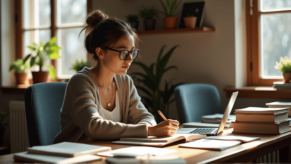 Focused individual studying for agile certification, surrounded by textbooks and notes at a desk.