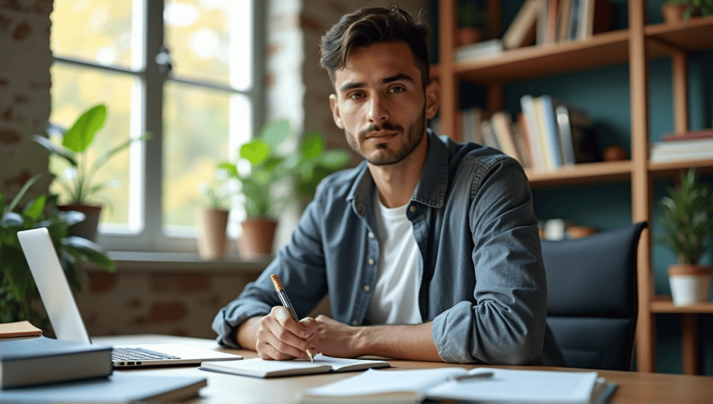 Focused individual studying for Scrum Master certification at a modern desk with resources.