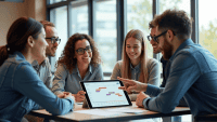 A team of professionals discussing a project timeline around a modern conference table.